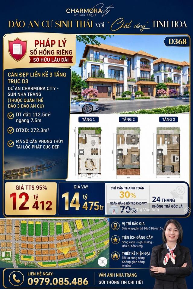 Pháp lý sở hữu lâu dài căn đẹp liền kề 3 tầng  trục d3 dự án charmora city  sun nha trang
