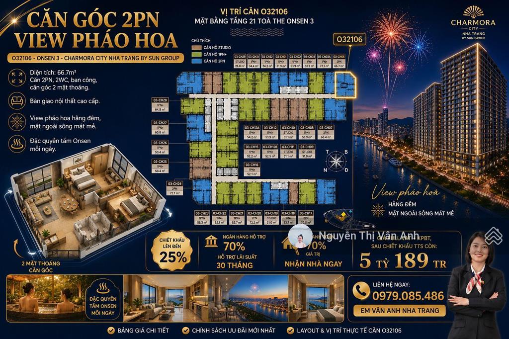 Căn góc 2pn view pháo hoa o32106  onsen 3  charmora city nha trang by sun group