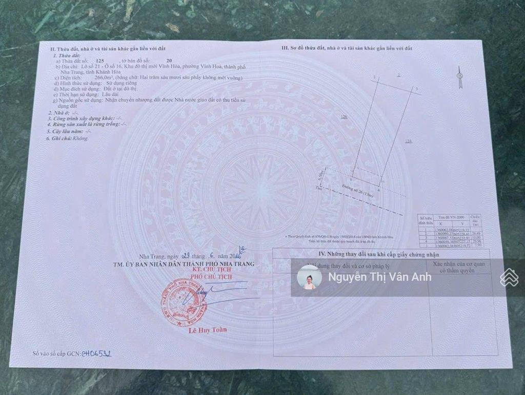 Bán đất biệt thự kđt vĩnh hoà, nha trang lưng tựa núi cô tiên 266m2 chỉ 50trđ/m2