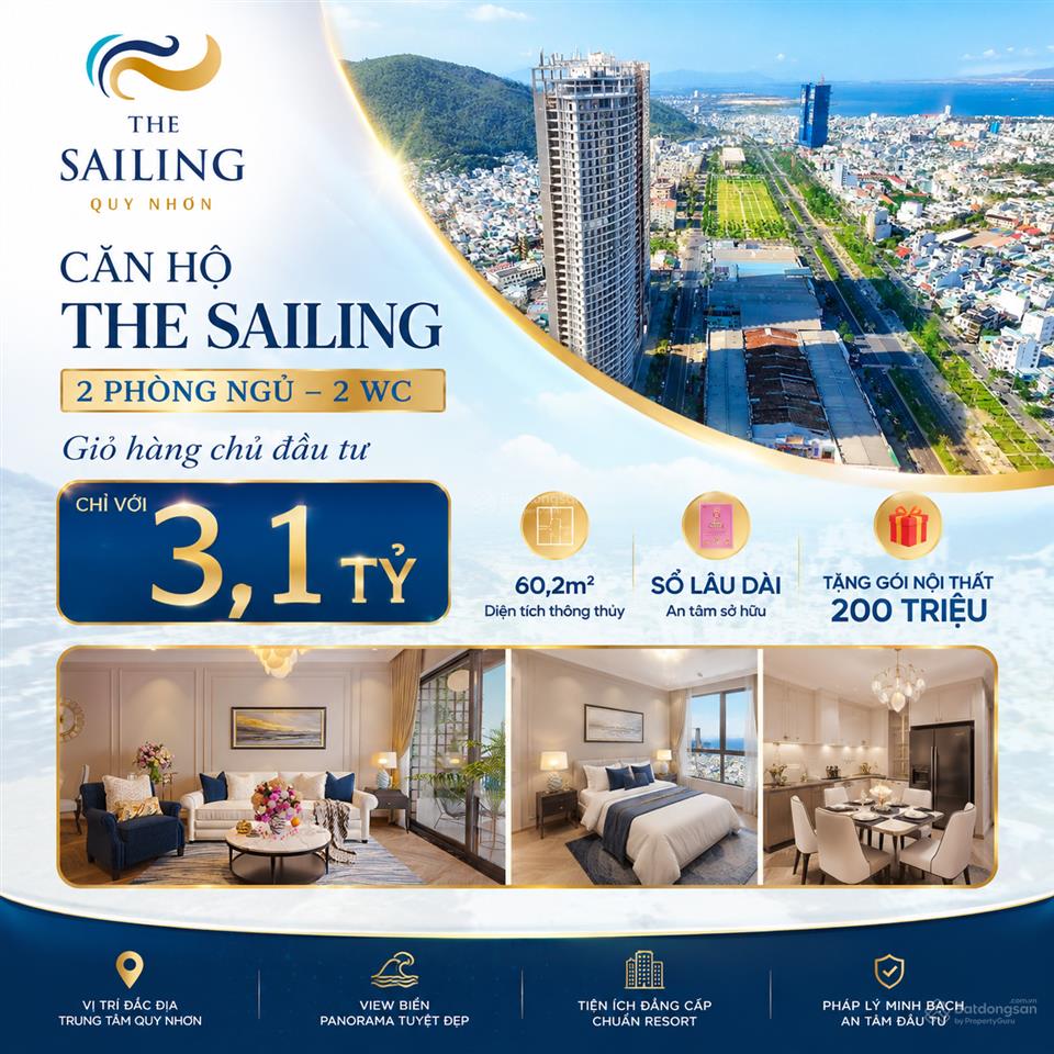 Căn đẹp 2pn 2 view the sailing giá 3,1 tỷ  nhận nhà tháng 9  khai thác ngay