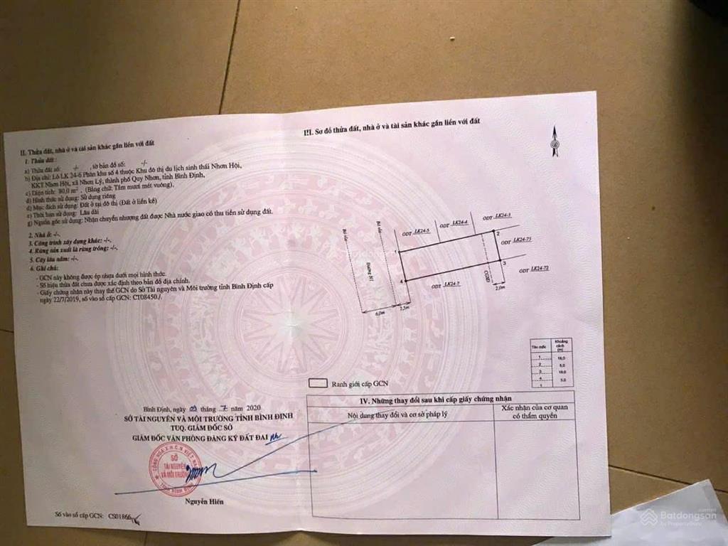 Chính chủ cần bán lô 80m2, thuộc khu du lịch sinh thái nhơn hội, quy nhơn, bình định