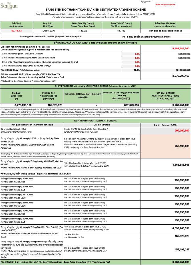 Chính chủ bán căn duplex 117,5m2 ban công đông nam view thoáng toà s2 the senique  chỉ 84tr/m2