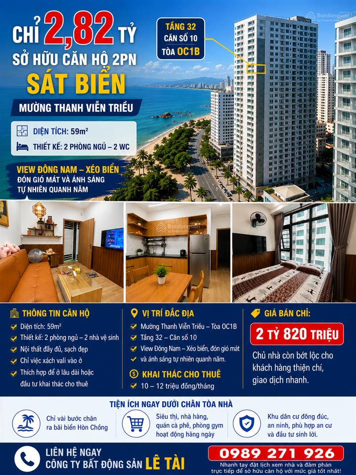 Chỉ 2,650 tỷ sở hữu căn hộ 2pn sát biển mường thanh viễn triều