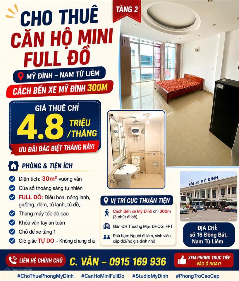 Chỉ còn duy nhất chung cư mini mỹ đình, diện tích 30m2 cách bến xe mỹ đình 300m full đồ