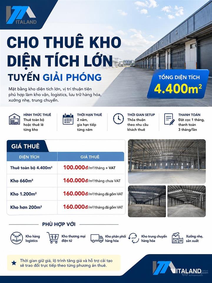 Cho thuê kho tuyến giải phóng diện tích 4.400 ( có chia nhỏ )