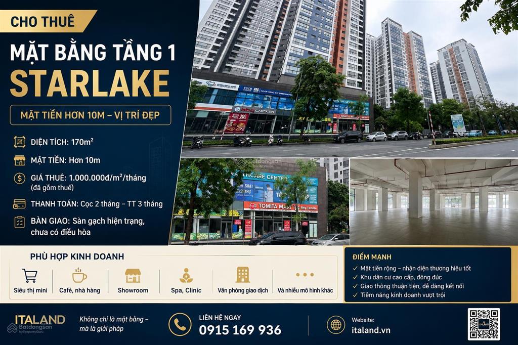 Cho thuê mặt bằng tầng 1 starlake dt 170m2, mặt tiền hơn 10m