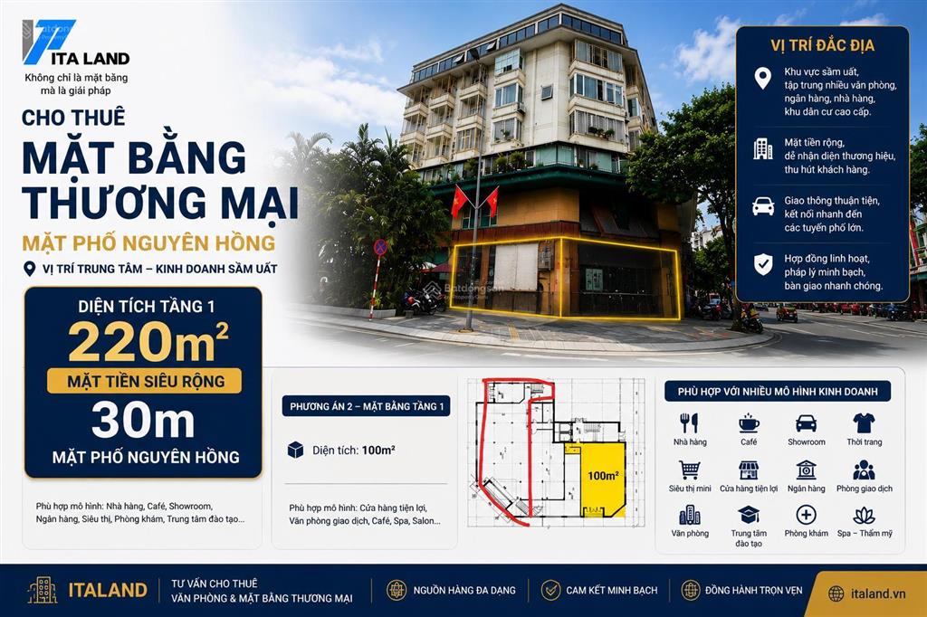Cho thuê 220m2 mặt phố nguyên hồng, đống đa, mặt tiền lô góc 30m