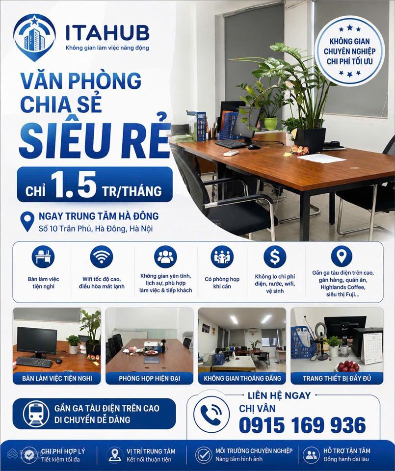 Văn phòng chia sẻ siêu rẻ chỉ 1,5tr/tháng ngay tòa nhà machinco số 10 trần phú hà đông