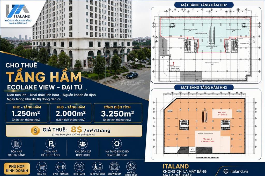 Cho thuê tầng hầm 2.000m2 ecolake view đại từ giá chỉ 8 usd/m2/tháng