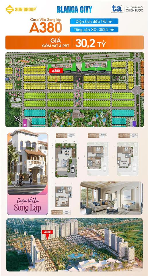 Bán gấp căn villa song lập, dt 175m2, dt sàn 352,2m2, cđt sun group