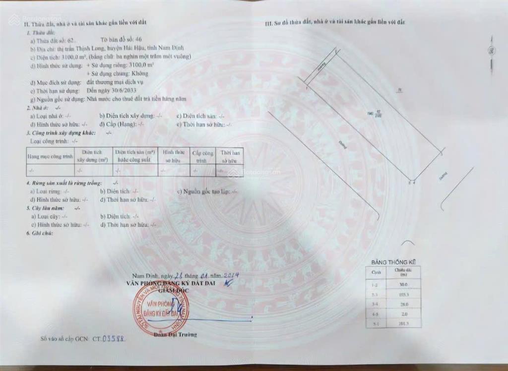 Chuyển nhượng 3100m2 đất xây dựng khách sạn, thịnh long, hải thịnh, giá 8 tỷ