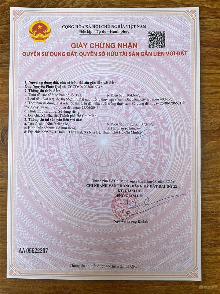 Giảm sâu chỉ 5.3 tỷ. dt 104,6m2 nhà 3 tầng st. hẻm oto huỳnh tấn phát. tt nhà bè