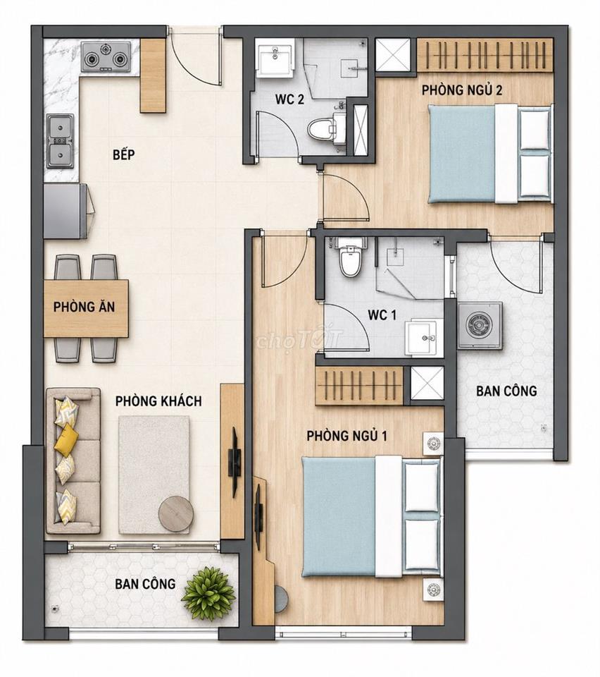Căn 2PN 72m² View mặt tiền – 13,5 triệu/tháng