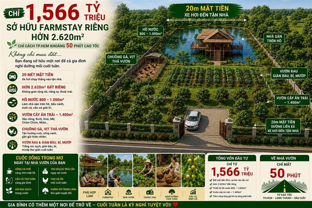 2620m2 mặt tiền 20m tp đồng nai, gần tp hcm giá chỉ 1 tỷ 650 triệu. làm nhà vườn, hồ cá thư giãn