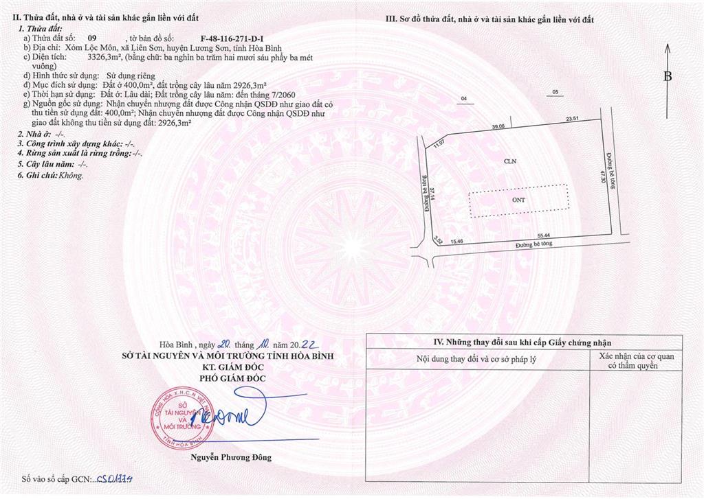 Bán đất (3 mặt tiền 160m, dt 3326m2, 400m2 thổ cư) mặt đường lộc môn, liên sơn, phú thọ