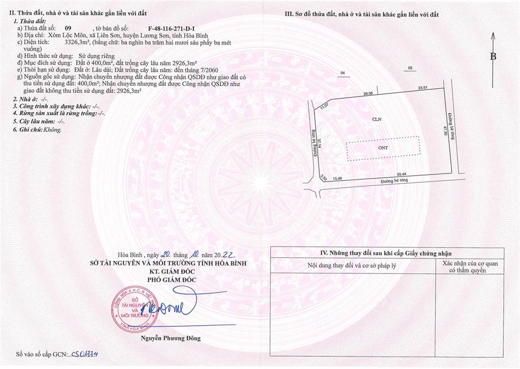 Bán đất (3 mặt tiền 160m, dt 3326m2, 400m2 thổ cư) phú thọ  (cũ huyện lương sơn, hoà bình)