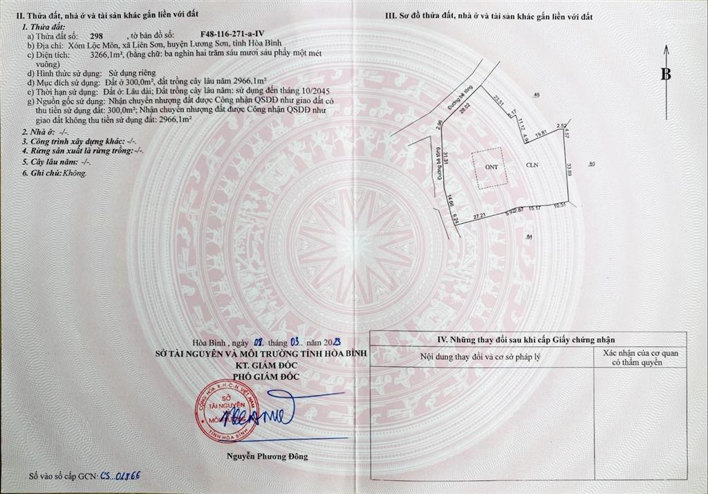 Bán đất (lô góc 2mt 80m,dt 3266m2,300m2 thổ cư) (gần đường hcm),phú thọ  (cũ lương sơn,hoà bình)