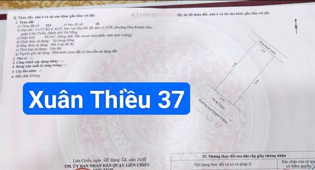 Đất j258 đường 5m5 xuân thiều 37. cạnh mikazuki,bãi tắm xuân thiều. s= 70m2 ngang 5m. giá 4.5 tỷ