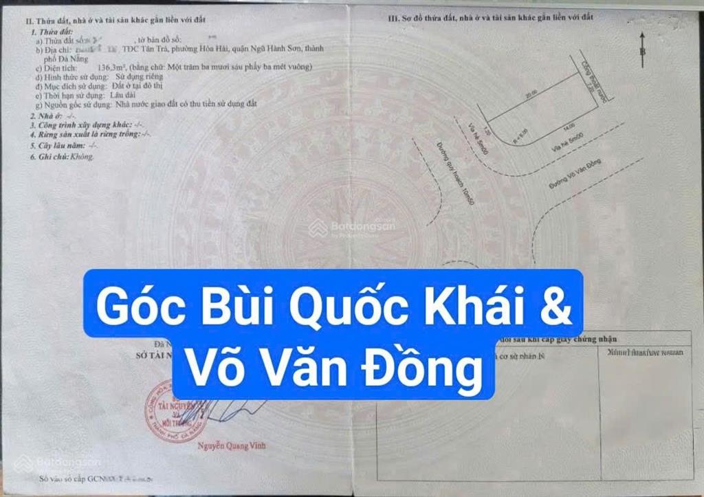 Góc hai mặt tiền đường 10m5 bùi quốc khái & võ văn đồng. cạnh bãi tắm tân tràs= 136m2 giá 10.9 tỷ