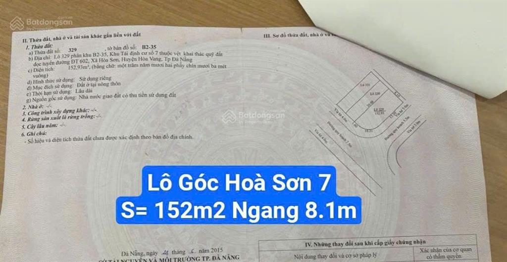 Góc 2 mặt tiền khu tái định cư đường 7m5 hoà sơn 7. (hoàng phê). s= 152m2, giá 4.9 tỷ