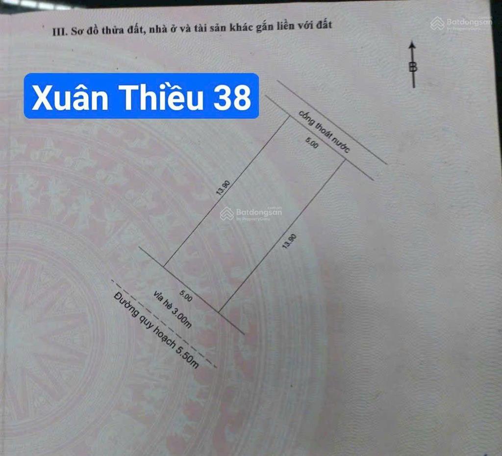 Đường mt 5m5 xuân thiều 38 cạnh mikazuki. s= 70m2 ngang 5m giá rẻ 4.1 tỷ bằng đất kiệt.