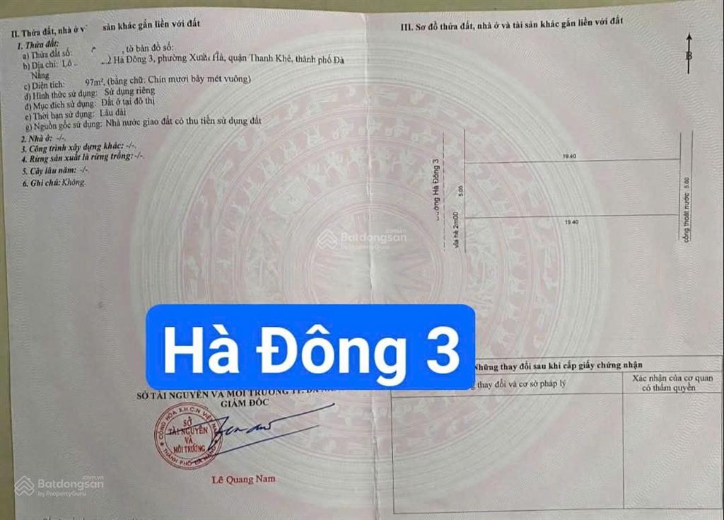 Đất mặt tiền đường 5m5 hà đông 3, phường thanh khê. cách bãi tắm hà khê 300m, 97m2 giá 6.5 tỷ