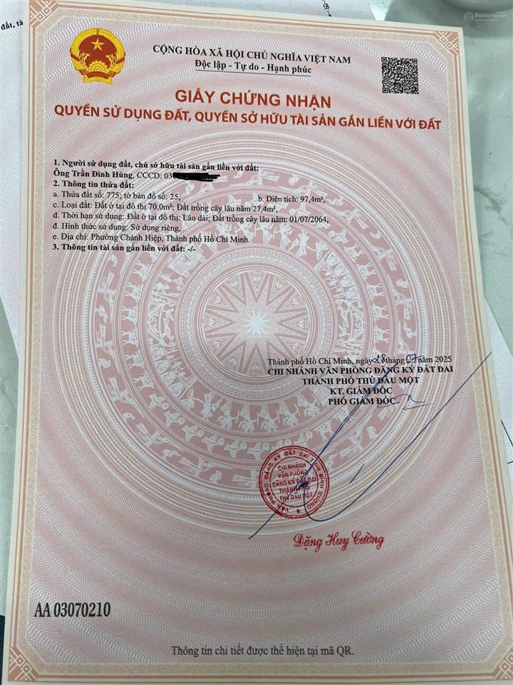 Bán mặt tiền dx 64. ngay giáp đường lê duẩn. giáp vách tđc định hòa.