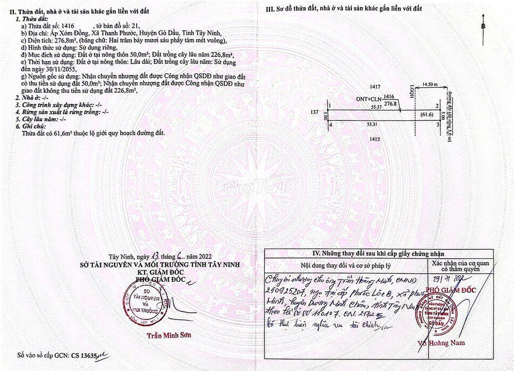 Bán đất thổ cư Thanh Phước, Gò Dầu, Tây Ninh giá rẻ