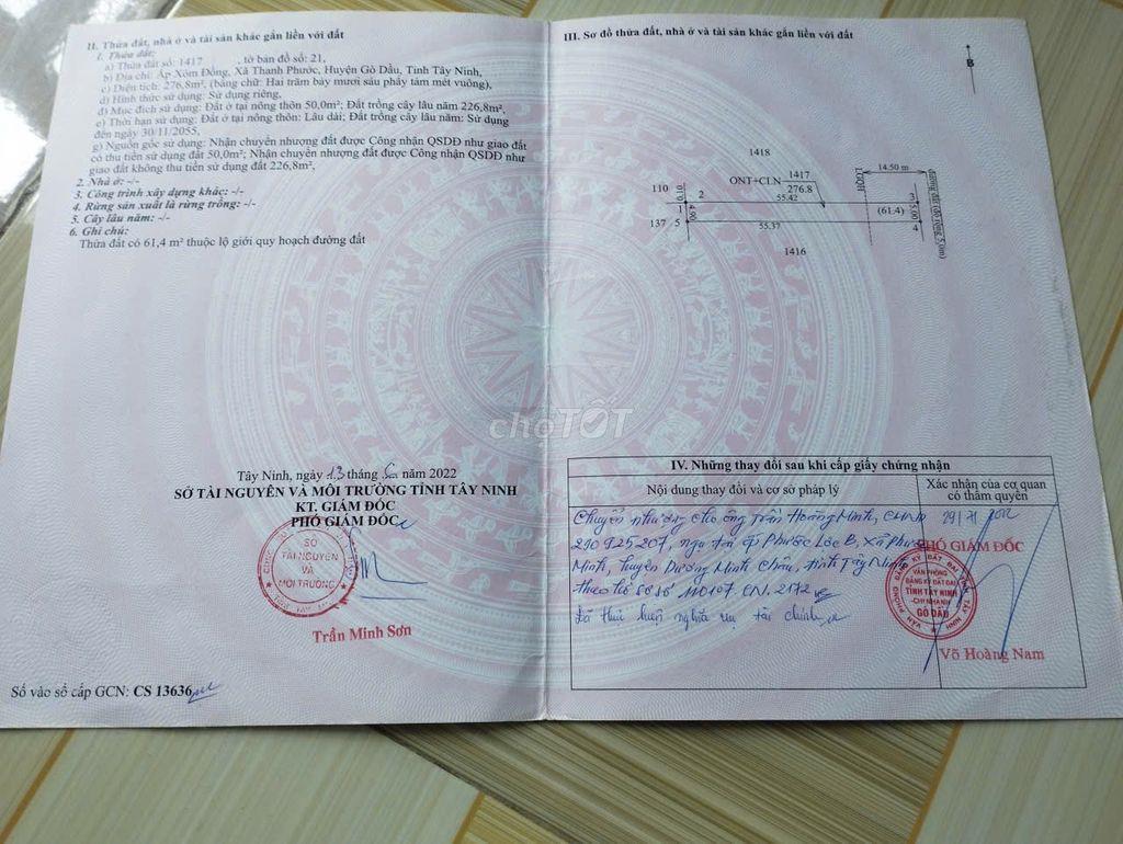 Bán đất thổ cư Thanh Phước, Gò Dầu, Tây Ninh giá rẻ