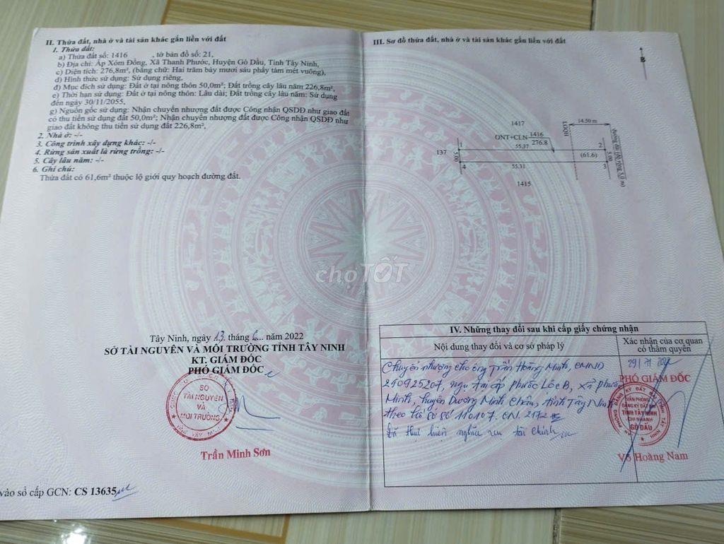 Bán đất thổ cư Thanh Phước, Gò Dầu, Tây Ninh giá rẻ