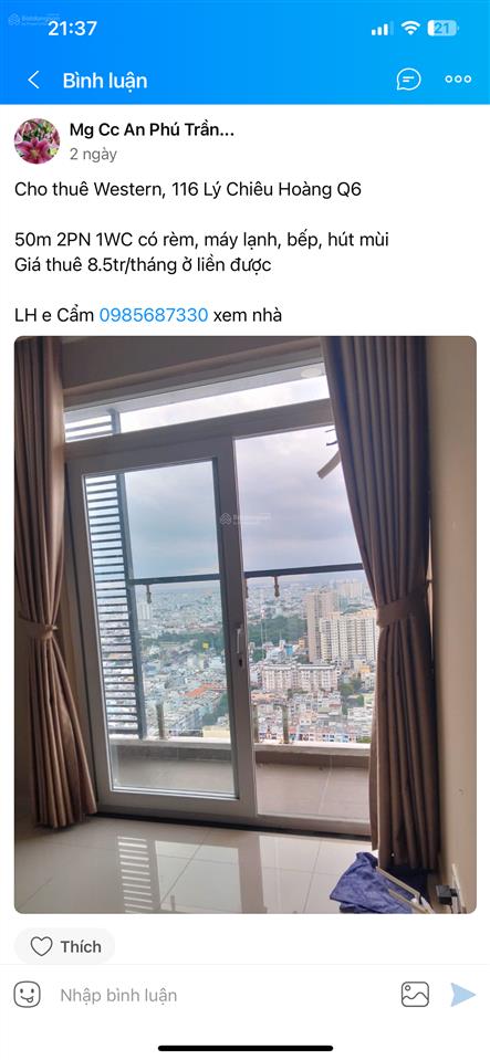 Cho thuê chung cư western cappital 50m2  2pn  10.5tr full nội thất