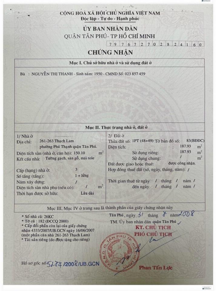 Bán nhà mt thạch lam, ngang 8.5m, dài 22m, giá 31 tỷ.