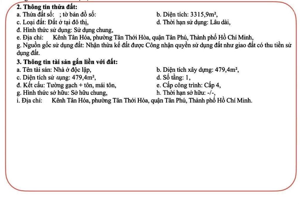Nhà mặt tiền kênh tân hóa  tân phú, 3315m2, giá 268 tỷ tl