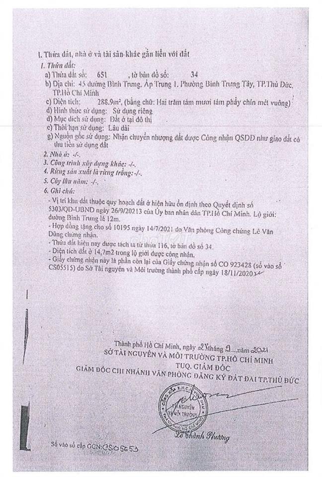 MT Bình Trưng (289m2 thỗ cư) - 55tr/m2