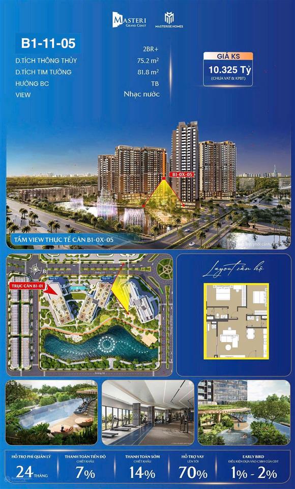 Căn hộ 2pn masteri cosmo central, ck cao 15,5% view nhạc nước  biểu tượng mới của quận 2 ngay tttm