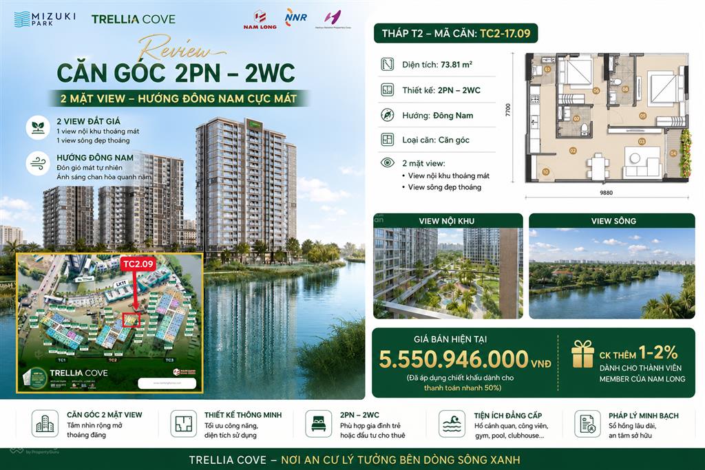 Căn góc 2 phòng ngủ 2 wc 2 mặt view nội khu và sông thoáng mát trellia cove 74m2