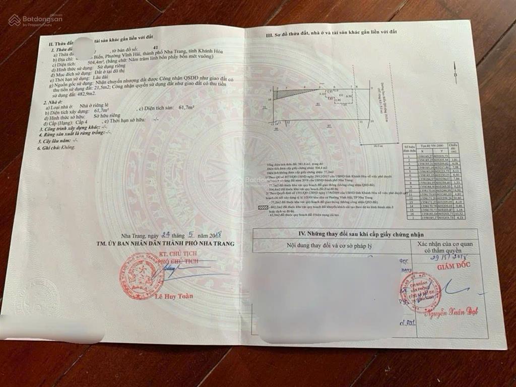 Bán 504 m2 đất mặt tiền đường sao biển, phường bắc nha trang, tỉnh khánh hòa