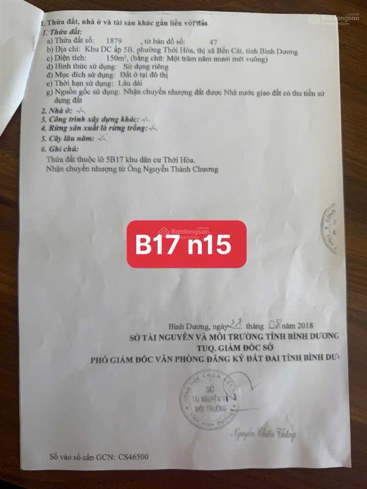 Bán lô đất đường n15, khu 5b mỹ phước 4, thới hòa