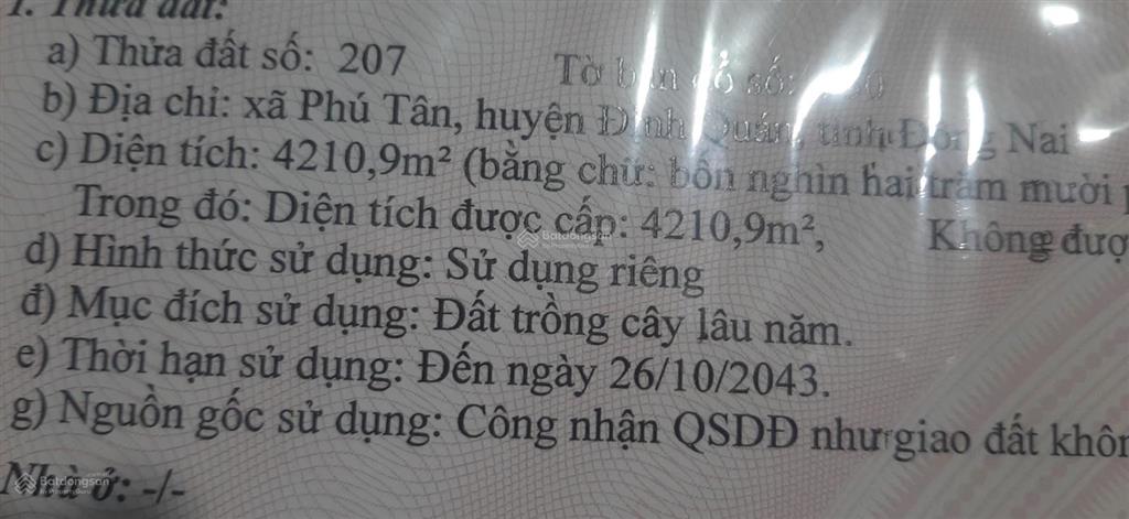 Bán đất tại xã phú tân, huyện định quán, đồng nai, 800 triệu, 1000 m2, view đẹp, chính chủ