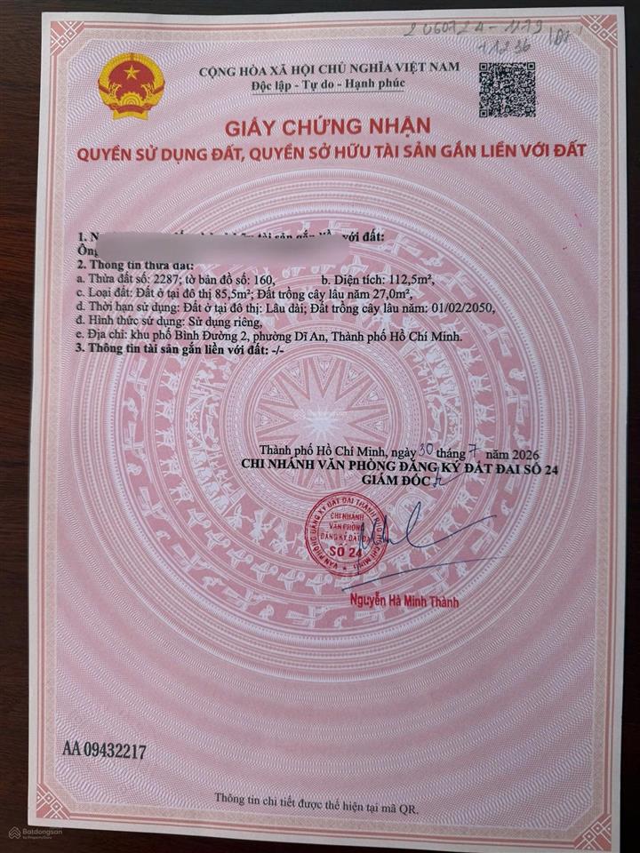 Chính chủ cần bán gấp xử lý công việc lô đất chợ dĩ an 2