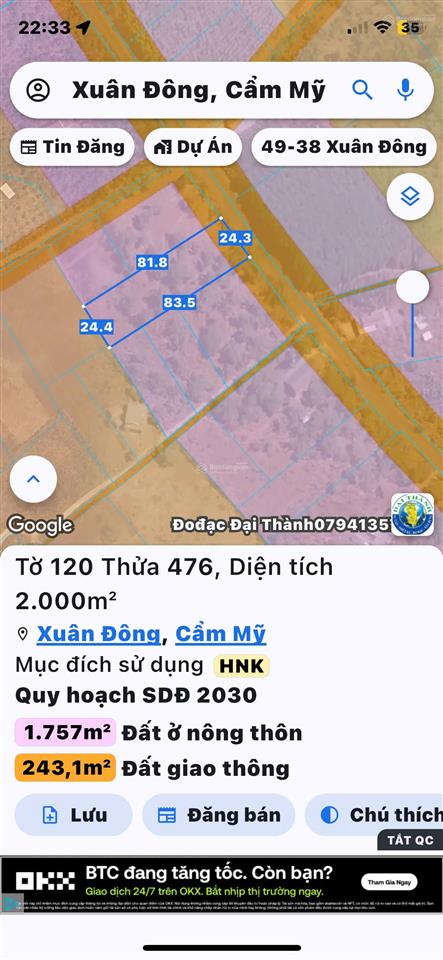 Đất mặt tiền nhựa 6 mét. đường liên xã. đất vuông đẹp. tờ 120/476 xuân tây