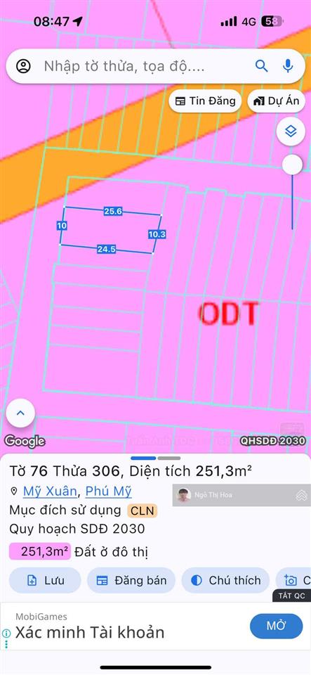 Đất cách đường s chỉ 50m, dt 10 x 25 = 254m2, 100m2 thổ cư giá 2,9 tỷ giáp trung tâm phú mỹ.