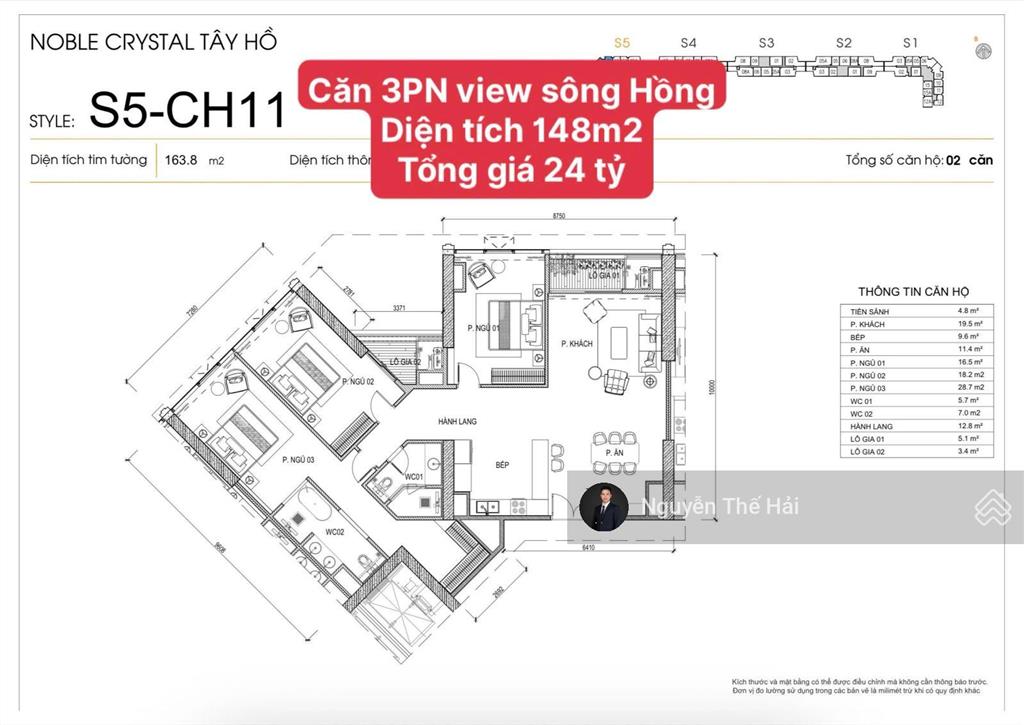 Căn hộ 3pn rẻ nhất toà s5 diện tích 164m2, hướng view sông, tổng giá 23 tỷ toà noble crystal tây hồ