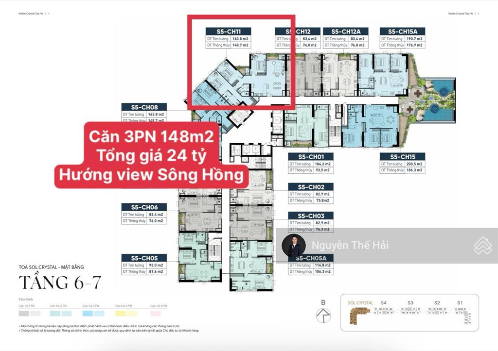 Căn hộ 3pn rẻ nhất toà s5 diện tích 164m2, hướng view sông, tổng giá 23 tỷ toà noble crystal tây hồ