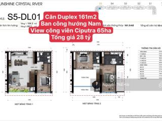 Căn duplex dl01 diện tích 161m2, ban công hướng nam, view công viên ciputra, toà noble crystal