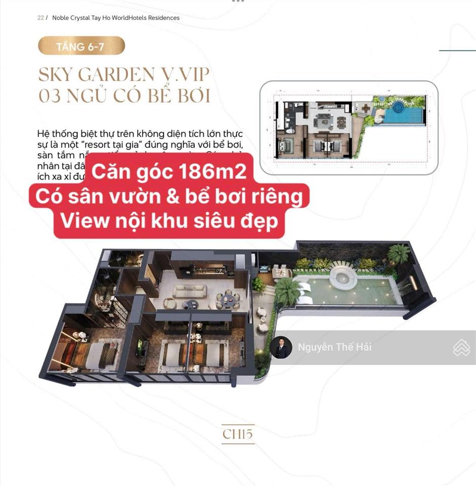 Căn góc 3pn 186m2 có sân vườn và bể bơi riêng. tổng giá 36 tỷ. tòa noble crystal tây hồ