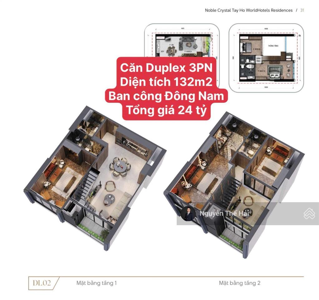 Căn duplex 3pn tầng 18, ban công hướng nam view công viên, giá 24 tỷ, noble crystal tây hồ