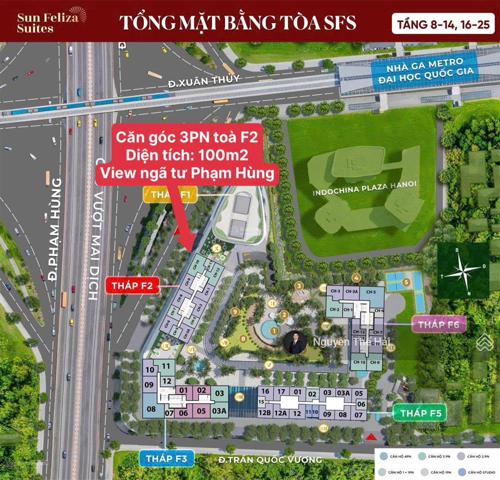 Căn góc 3pn diện tích 100m2 tòa f2, giá 13,8 tỷ, view ngã tư phạm hùng, sun feliza cầu giấy