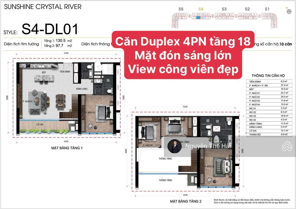 Căn duplex 4pn tầng 18, ban công hướng nam view công viên, giá 32,4 tỷ, noble crystal tây hồ