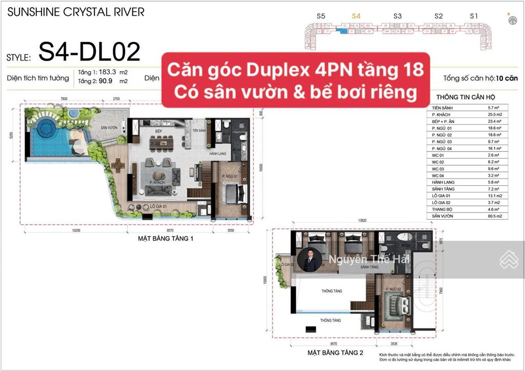 Căn góc duplex 4pn tầng 18 tòa s4, có sân vườn bể bơi riêng, giá 48,1 tỷ, noble crystal tây hồ